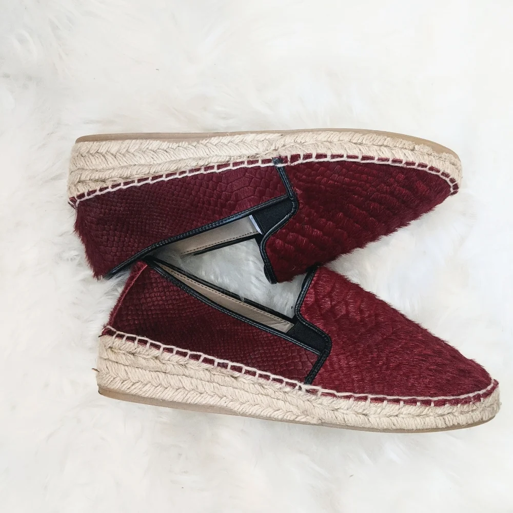 ZARA Burgundy Ponyhair Espadrilles Sneaker Loafers 7.5 Pony Hair Calf Snake